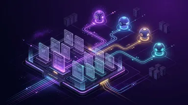 Isometric 3D graphic showing product directory listings connected to AI search engine crawler nodes with neon light pathways