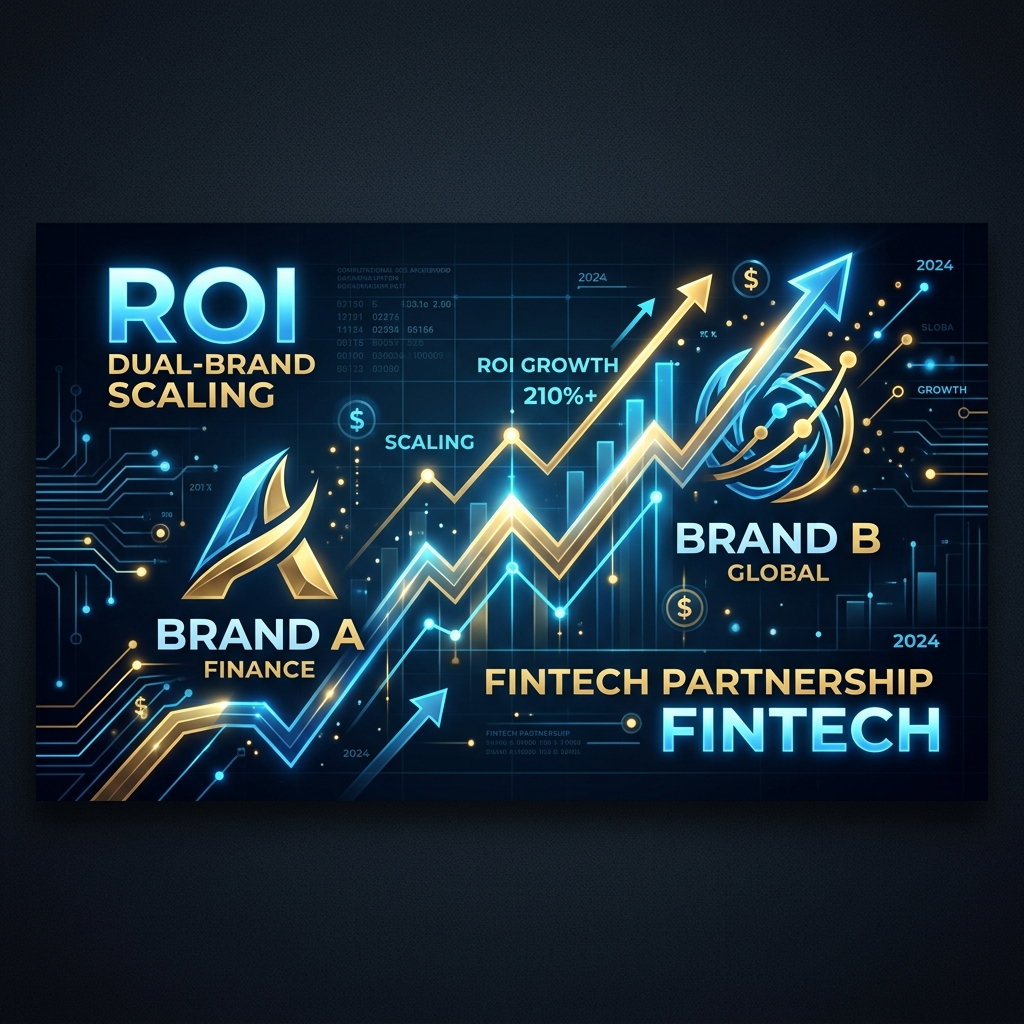 ROI chart intersecting with two abstract brand logos, representing dual-brand scaling in fintech