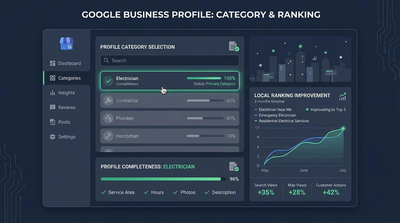 Google Business Profile category picker with a specific trade category selected instead of generic Contractor