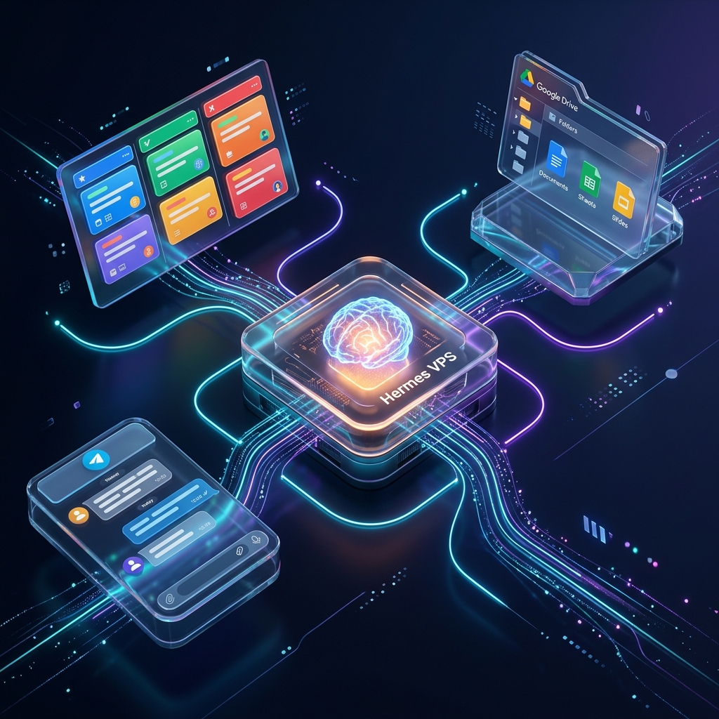 Sleek dark mode graphic illustrating Hermes Agent operations stack components: VPS, Telegram, Google Drive, and Kanban boards with neon accents