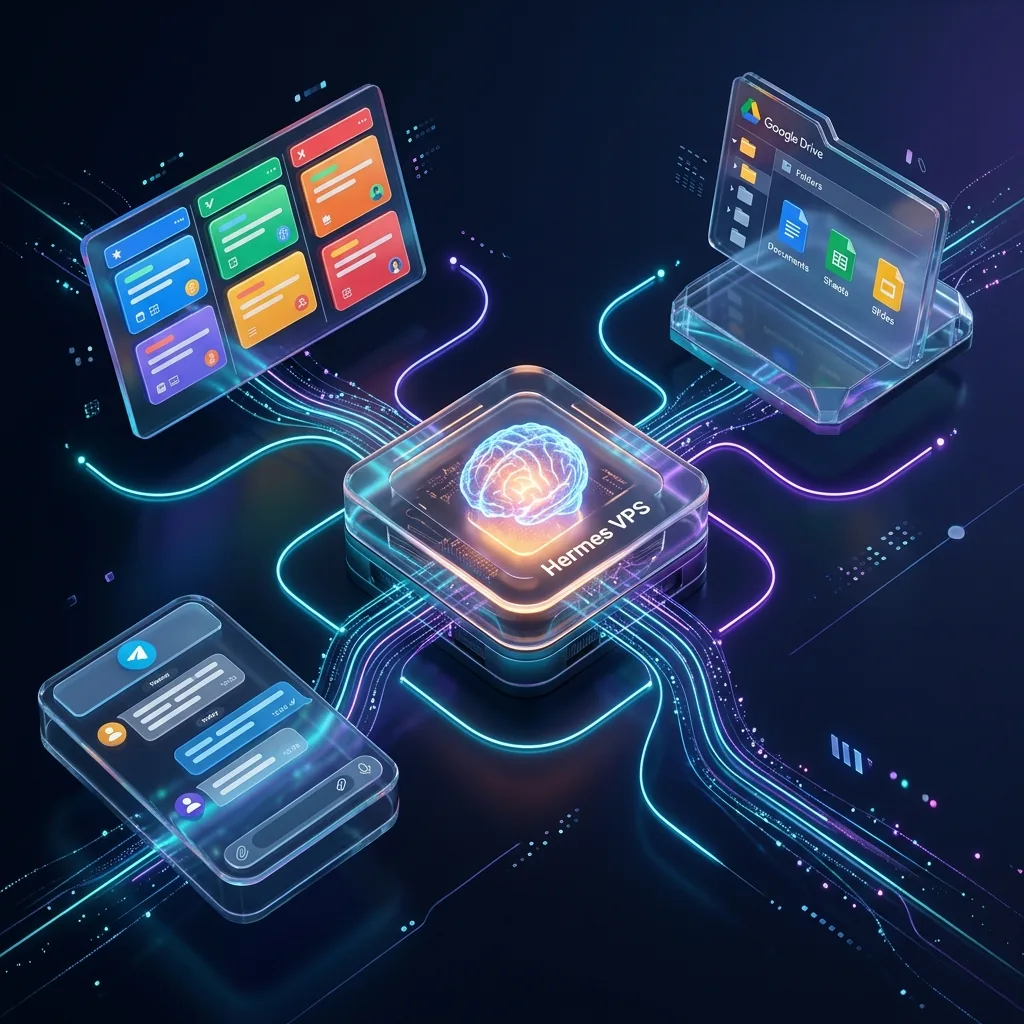 Sleek dark mode graphic illustrating Hermes Agent operations stack components: VPS, Telegram, Google Drive, and Kanban boards with neon accents
