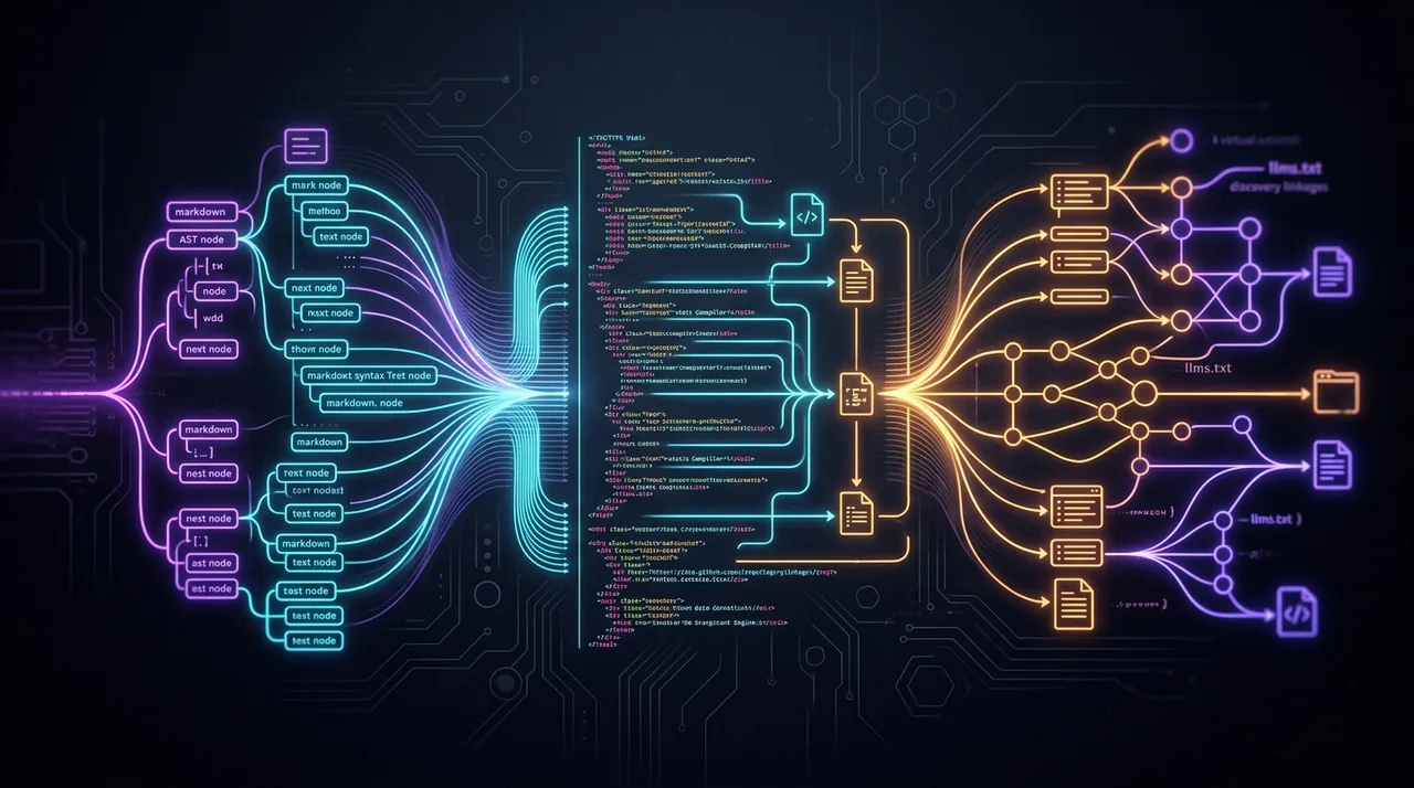 Data visualization showing Markdown AST compilation into static HTML, raw markdown twins, and llms.txt discovery graphs