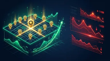 3D map grid showing illuminated 5-star Google Map Pack ranking pins rising in ROI compared to declining high-cost PPC ad charts