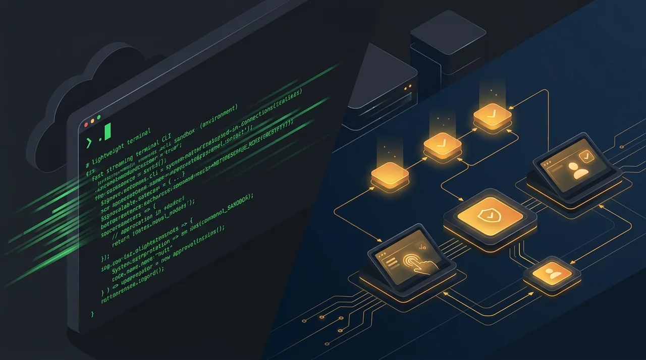 Architectural comparison graphic showing lean CLI sandbox on the left and MCP MRTR interactive approval gates on the right