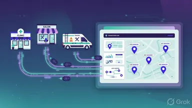Dashboard diagram connecting multiple clinic and salon locations to automated Google review routing and star-rating pipelines