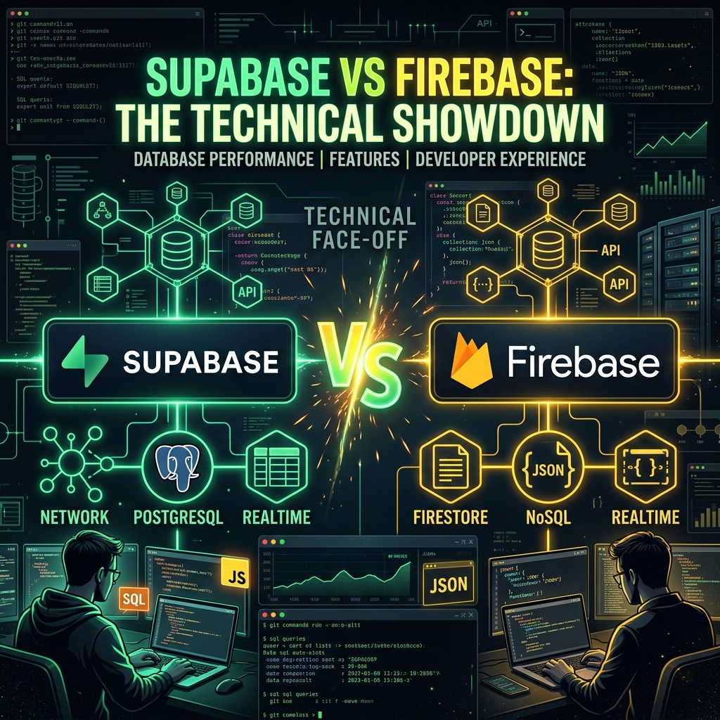Technical face-off between Supabase and Firebase logos with stylized database nodes