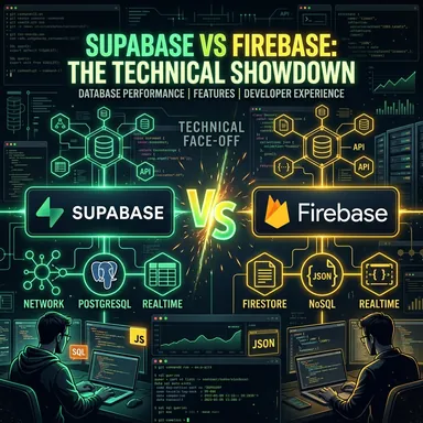 Technical face-off between Supabase and Firebase logos with stylized database nodes