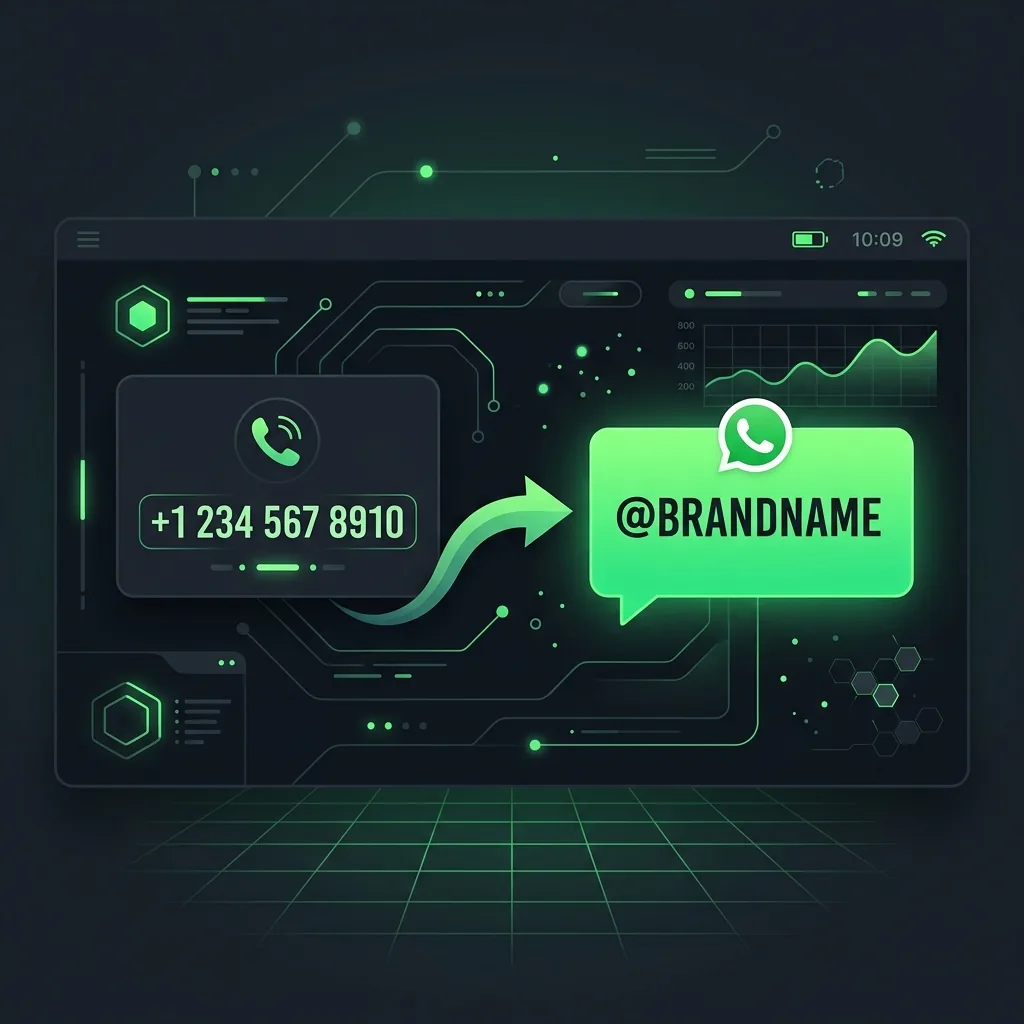A UI dashboard showcasing the transition from a traditional phone number (+1 234 567 8910) to a clean business handle username (@BRANDNAME) with neon green WhatsApp accents.