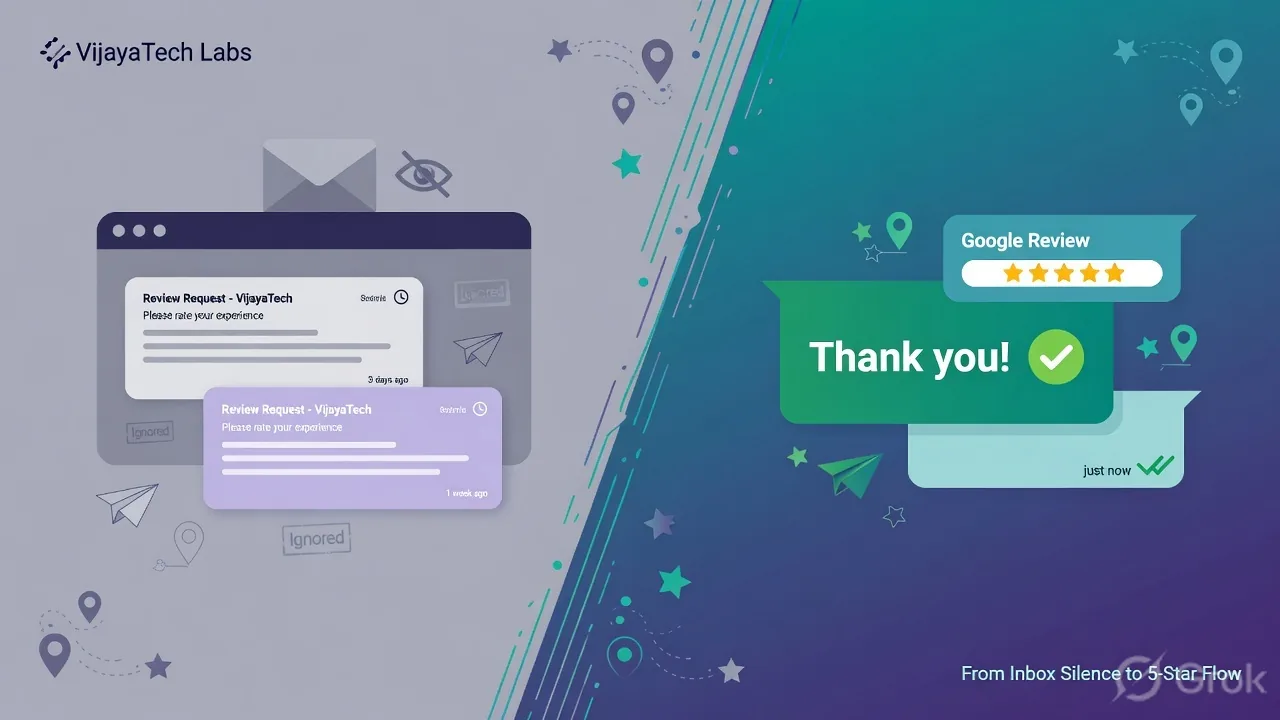 Split illustration comparing ignored email review requests with high-response WhatsApp review request messages and 5-star Google ratings
